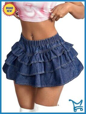 Women's Denim Mini Skirt Y2K Drop Low Waist Pleated Ruffle Hem Jean Skirt